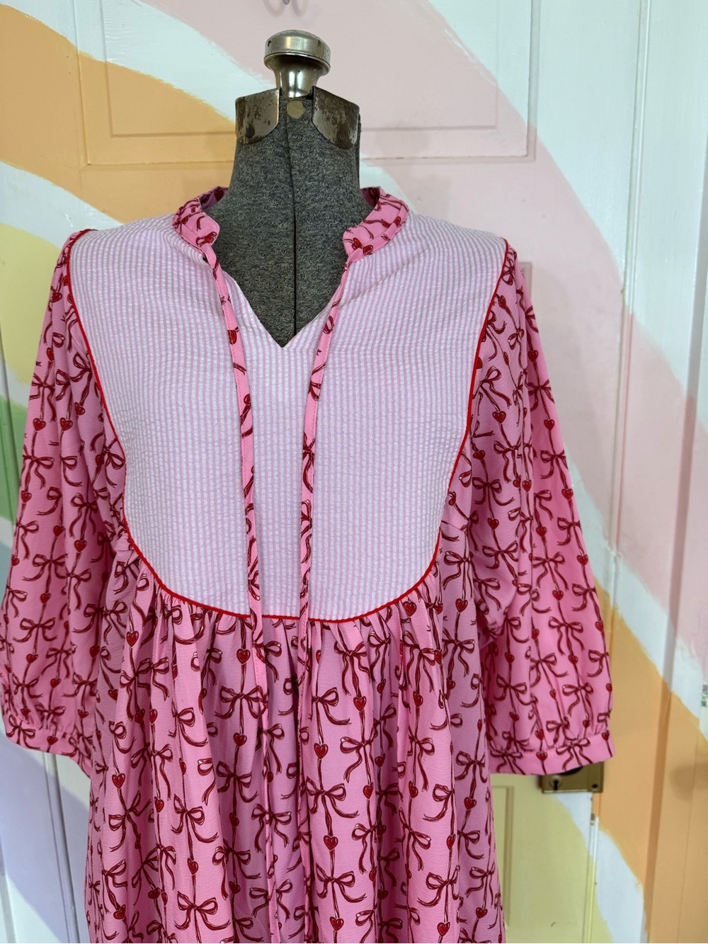 NWT Simply Southern Red and Pink Preppy Bow and Heart Seersucker Dress Sz L π§‘π - Picture 4 of 11